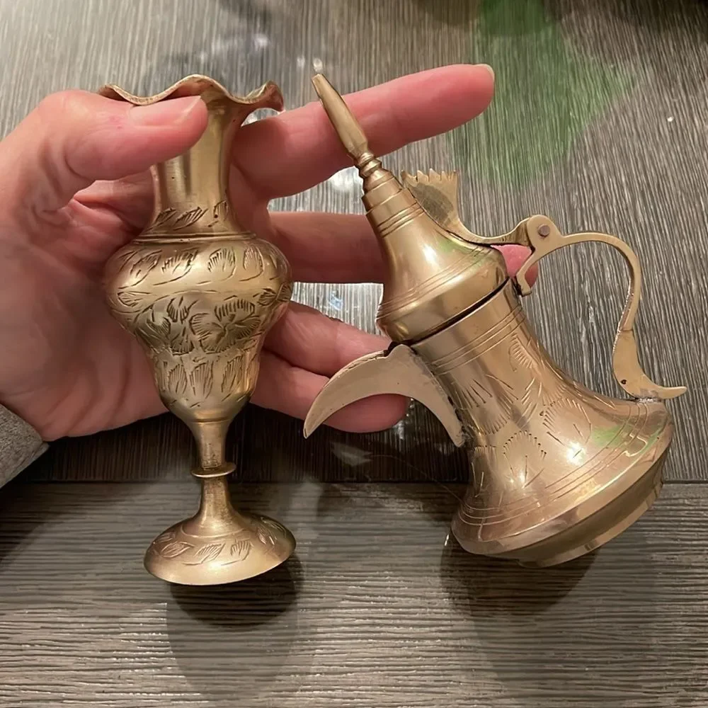Selling a Vignette of Three Brass Pieces, Vase, Bowl, Tiny Pitcher